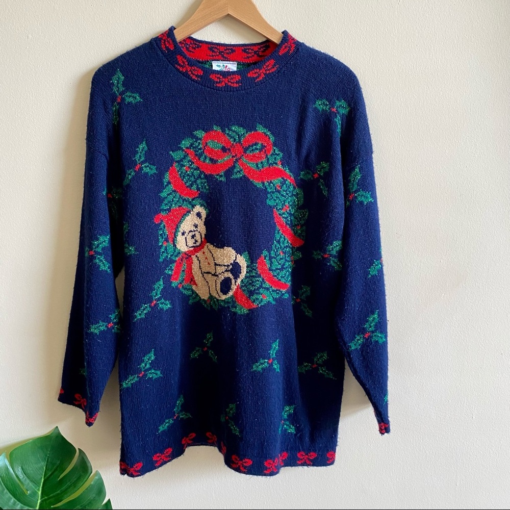 Vintage Nutcracker Bear Wreath Sweater 1980's Holiday Women's Size Small